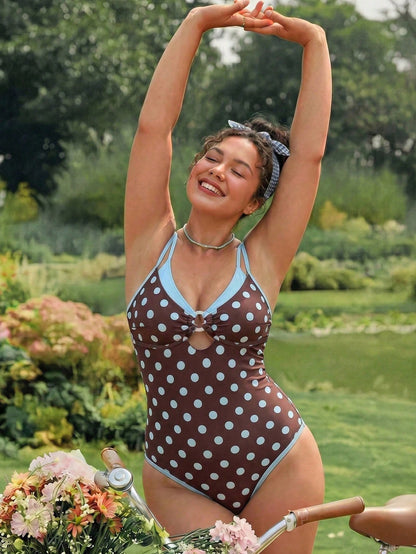Swim Mod 2026 New Spring/Summer Plus Size One-Piece Polka Dot Random Print Large Scoop Neck Front Center White Ring Design Dual-Color Detachable Shoulder Strap Women's One-Piece Swimsuit Suitable For