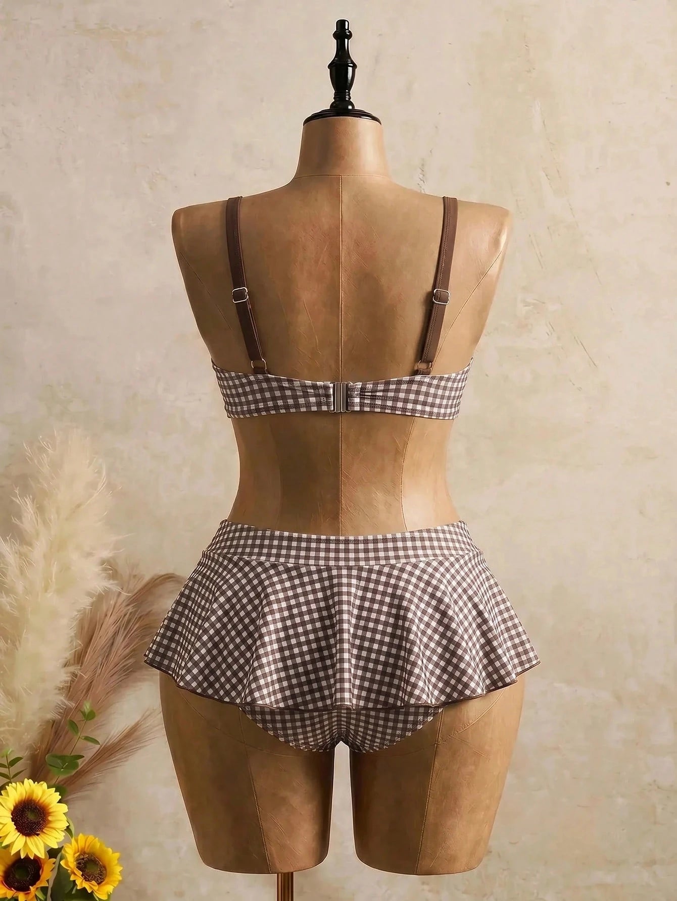 Swim Mod 2026 New Summer Beach Vacation Plaid Sweet Cute Women's 2 Pieces Plaid Print Underwire Camisole Swimsuit, Beige Plus Size Swimwear Set