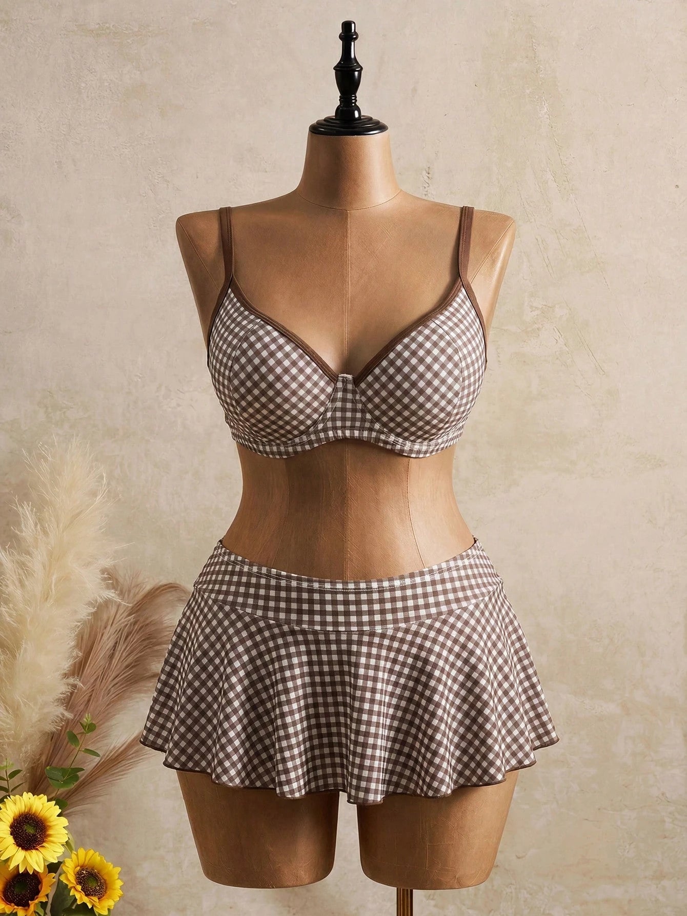 Swim Mod 2026 New Summer Beach Vacation Plaid Sweet Cute Women's 2 Pieces Plaid Print Underwire Camisole Swimsuit, Beige Plus Size Swimwear Set
