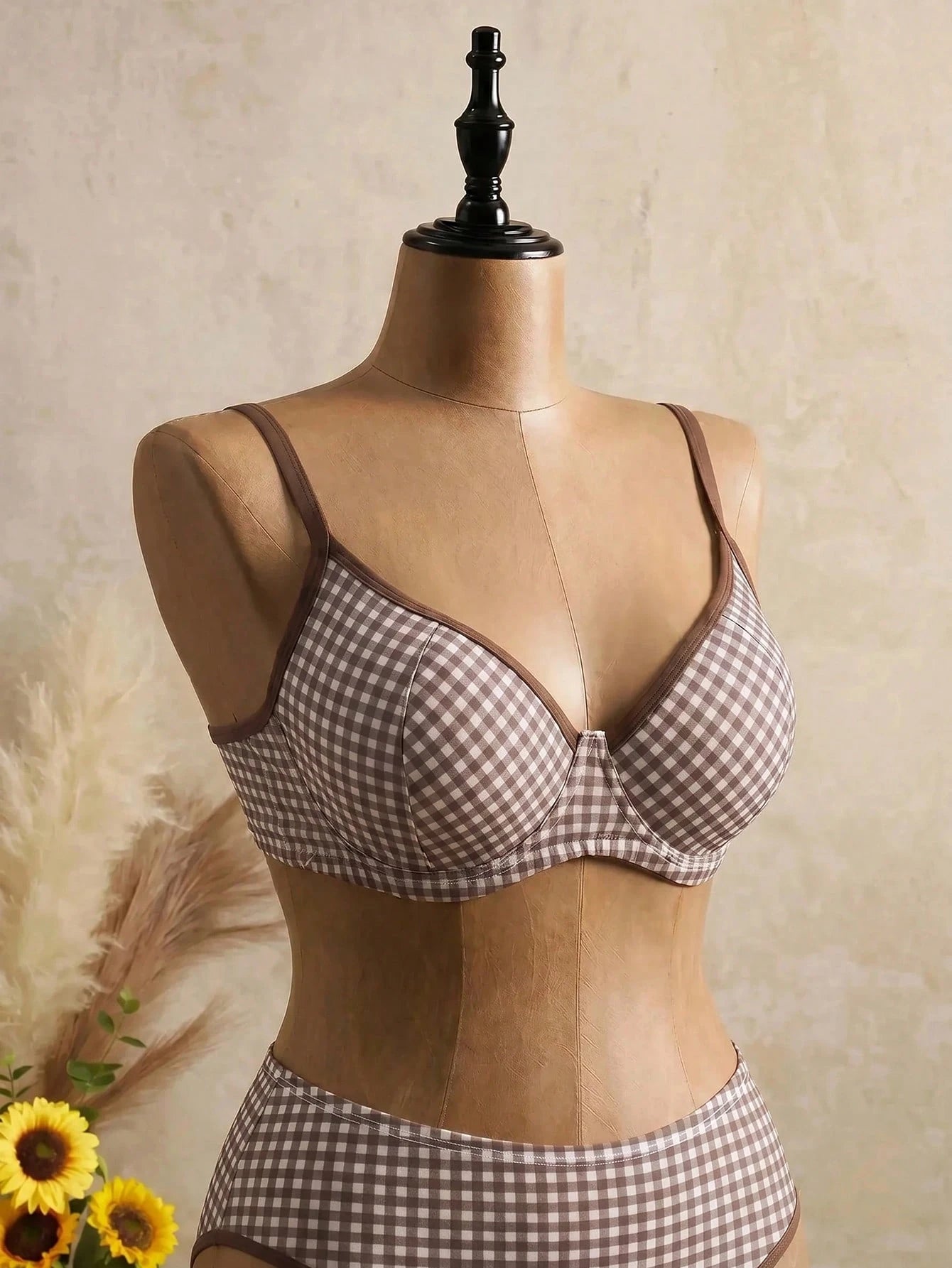 Swim Mod 2026 New Summer Beach Vacation Plaid Sweet Cute Women's 2 Pieces Plaid Print Underwire Camisole Swimsuit, Beige Plus Size Swimwear Set