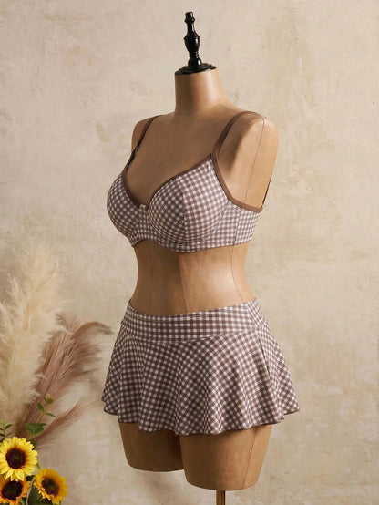 Swim Mod 2026 New Summer Beach Vacation Plaid Sweet Cute Women's 2 Pieces Plaid Print Underwire Camisole Swimsuit, Beige Plus Size Swimwear Set