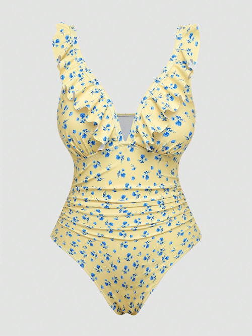 Swim Mod 2026 New Summer Sweet Vacation Ditsy Floral Fresh Plus Size One-Piece Swimsuit Beach Vacation Light Blue