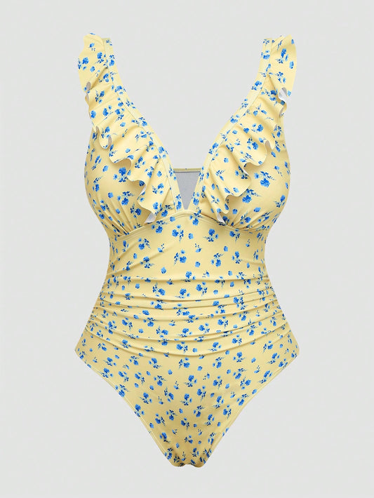 Swim Mod 2026 New Summer Sweet Vacation Ditsy Floral Fresh Plus Size One-Piece Swimsuit Beach Vacation Light Blue