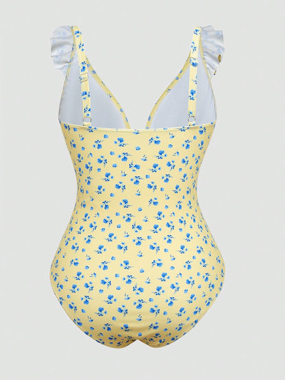 Swim Mod 2026 New Summer Sweet Vacation Ditsy Floral Fresh Plus Size One-Piece Swimsuit Beach Vacation Light Blue