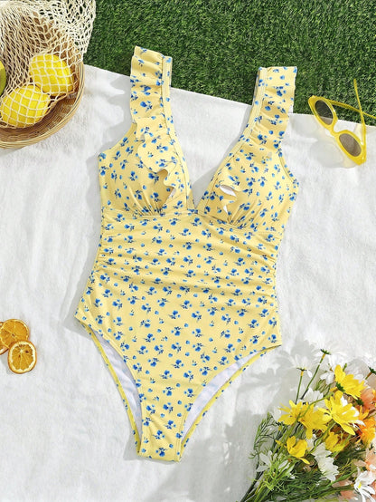 Swim Mod 2026 New Summer Sweet Vacation Ditsy Floral Fresh Plus Size One-Piece Swimsuit Beach Vacation Light Blue