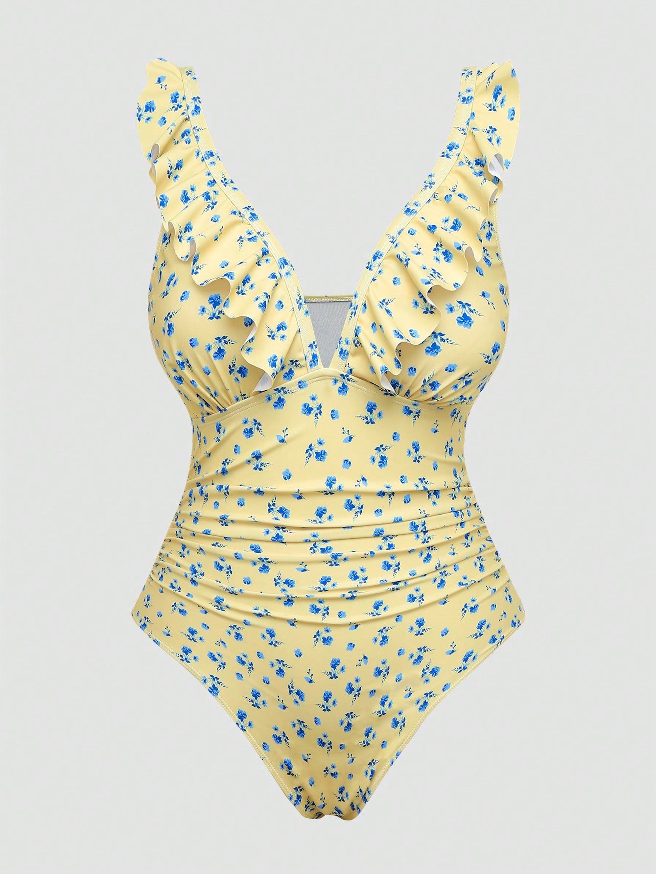 Swim Mod 2026 New Summer Sweet Vacation Ditsy Floral Fresh Plus Size One-Piece Swimsuit Beach Vacation Light Blue