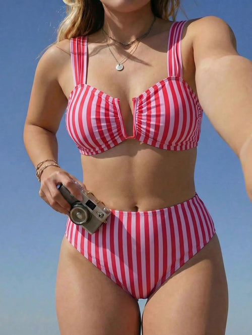 Swim Mod 2026 New Women's Plus Size Summer Fashion Bikini Set Set, Wide Straps, Red And White Striped Print, U-Neck, Sexy Casual Vacation Party Bikini Two Pieces