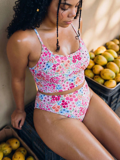 Swim Mod 2026 New Women's Plus Size Summer Tank Bikini Set Set, Round Neck Small Ditsy Floral, Fashionable Cute Girl Flattering Casual Beach Vacation Party Swimwear 2-Piece Set