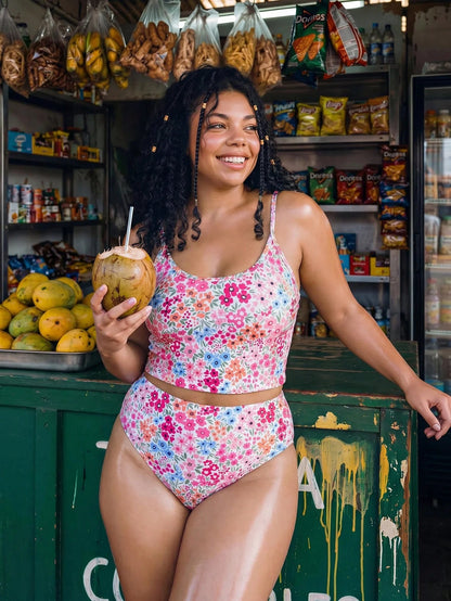 Swim Mod 2026 New Women's Plus Size Summer Tank Bikini Set Set, Round Neck Small Ditsy Floral, Fashionable Cute Girl Flattering Casual Beach Vacation Party Swimwear 2-Piece Set