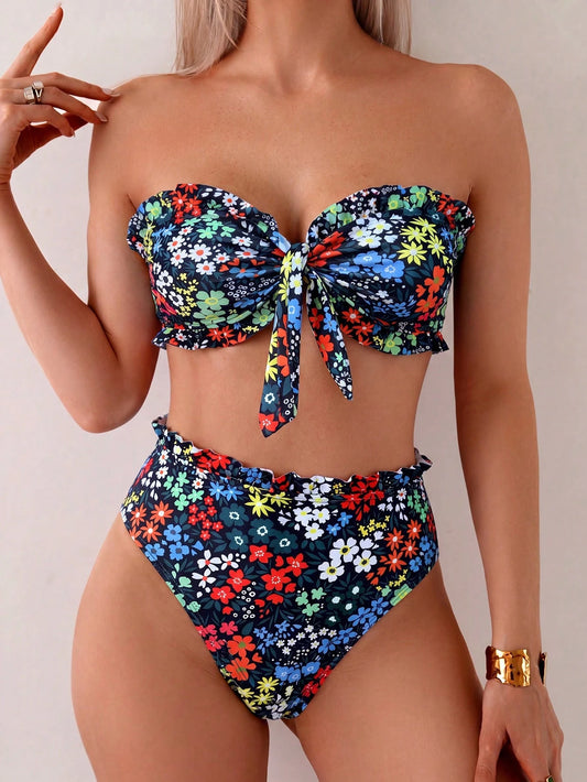 Swim Mod Ditsy Floral 2 Pieces Ruffled Bandeau Swimwear Set For Beach Vacation Summer Navy Blue Floral Cute Jamican Sexy Tropical