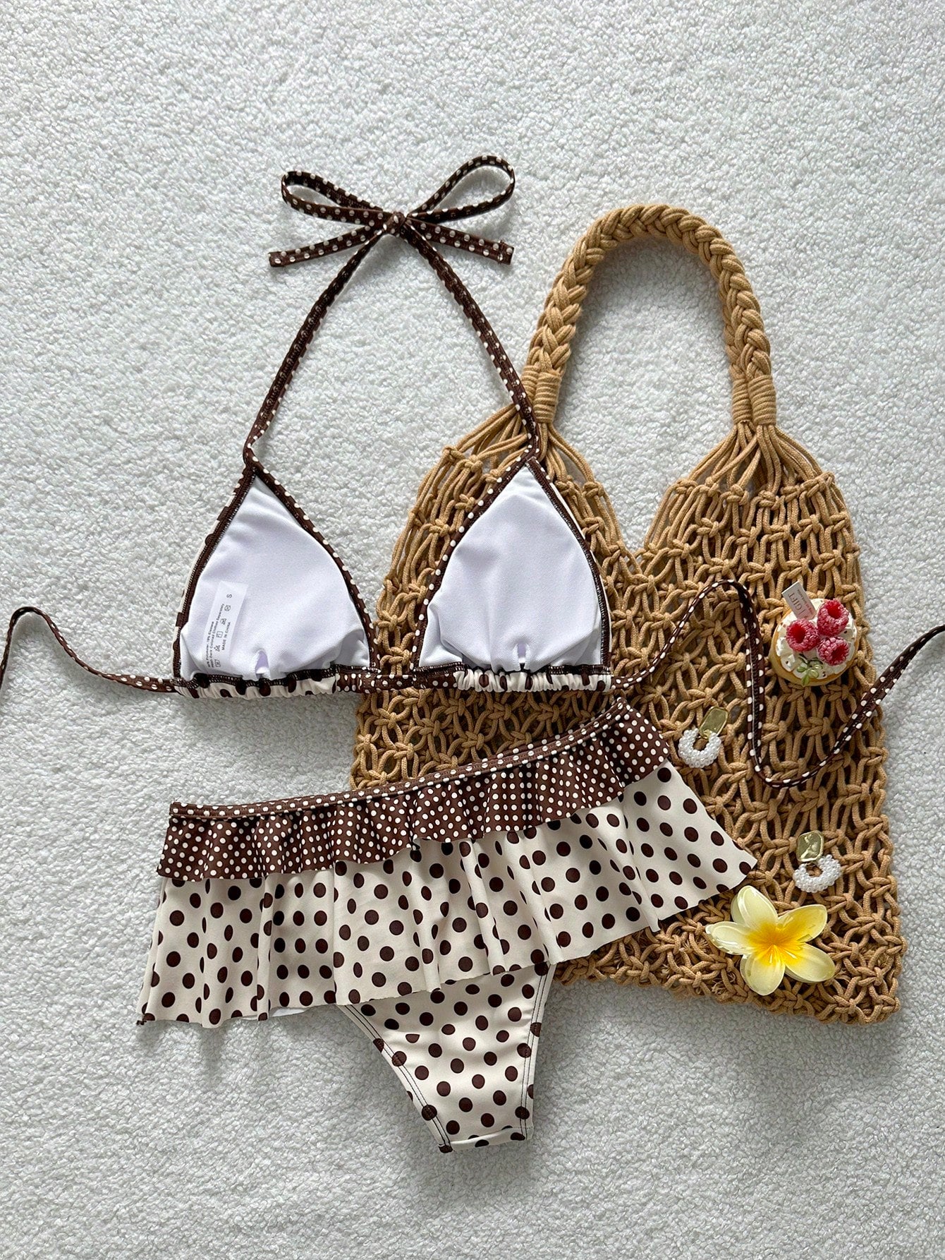 Swim Mod New Polka Dot Print Ruffled Halter Two Pieces Bikini Set, Fashionable Sexy Casual Beach, Pool Party, Vacation Swimwear For Women