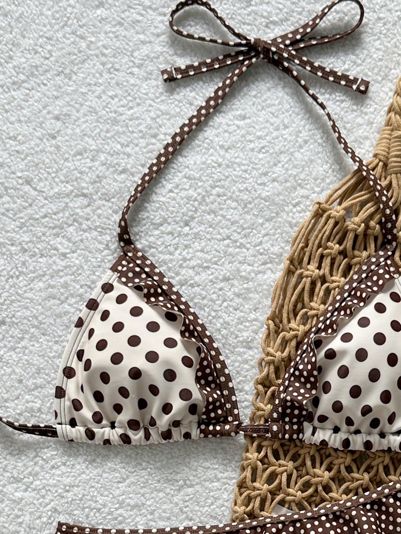 Swim Mod New Polka Dot Print Ruffled Halter Two Pieces Bikini Set, Fashionable Sexy Casual Beach, Pool Party, Vacation Swimwear For Women