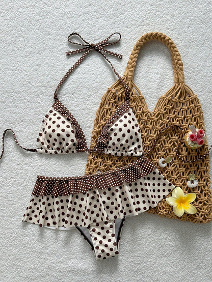 Swim Mod New Polka Dot Print Ruffled Halter Two Pieces Bikini Set, Fashionable Sexy Casual Beach, Pool Party, Vacation Swimwear For Women