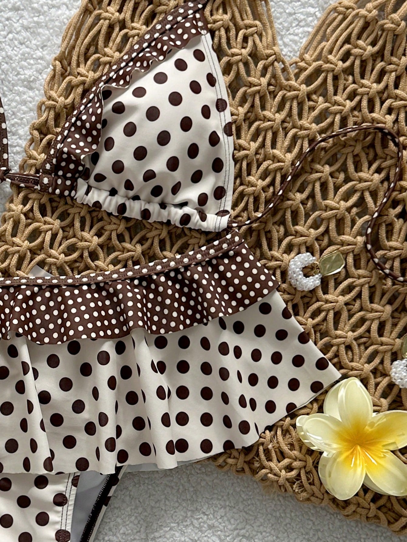 Swim Mod New Polka Dot Print Ruffled Halter Two Pieces Bikini Set, Fashionable Sexy Casual Beach, Pool Party, Vacation Swimwear For Women
