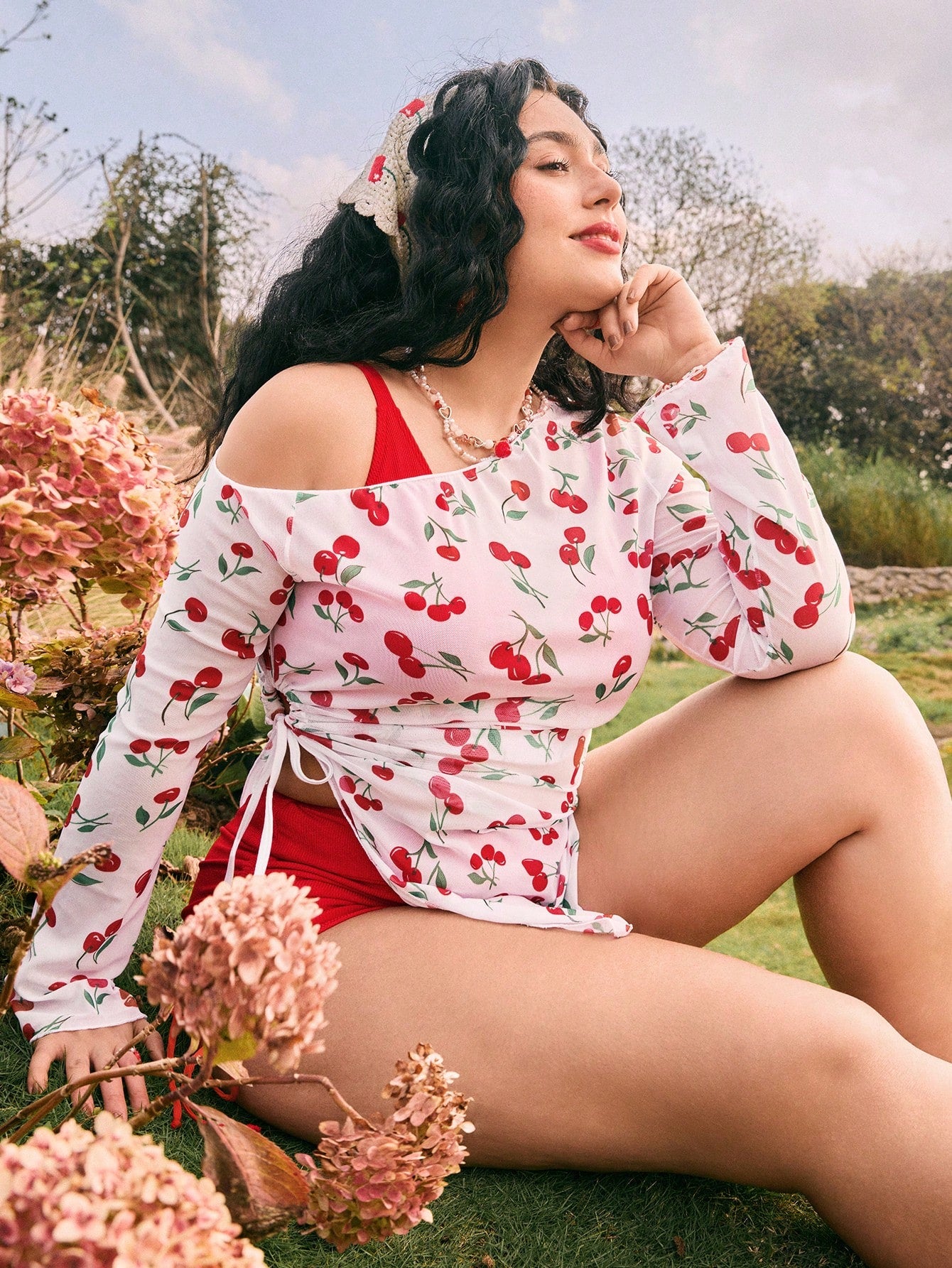 Swim Mod Plus Size Cherry Print Colorblock Bikini Swimsuit Set, Vacation Style For Girls For Summer