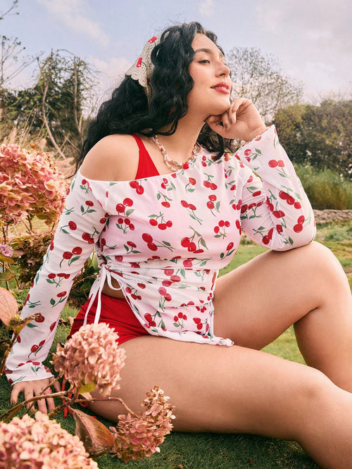 Swim Mod Plus Size Cherry Print Colorblock Bikini Swimsuit Set, Vacation Style For Girls For Summer