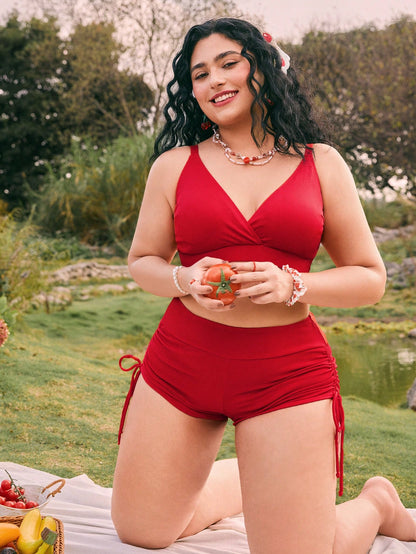 Swim Mod Plus Size Cherry Print Colorblock Bikini Swimsuit Set, Vacation Style For Girls For Summer