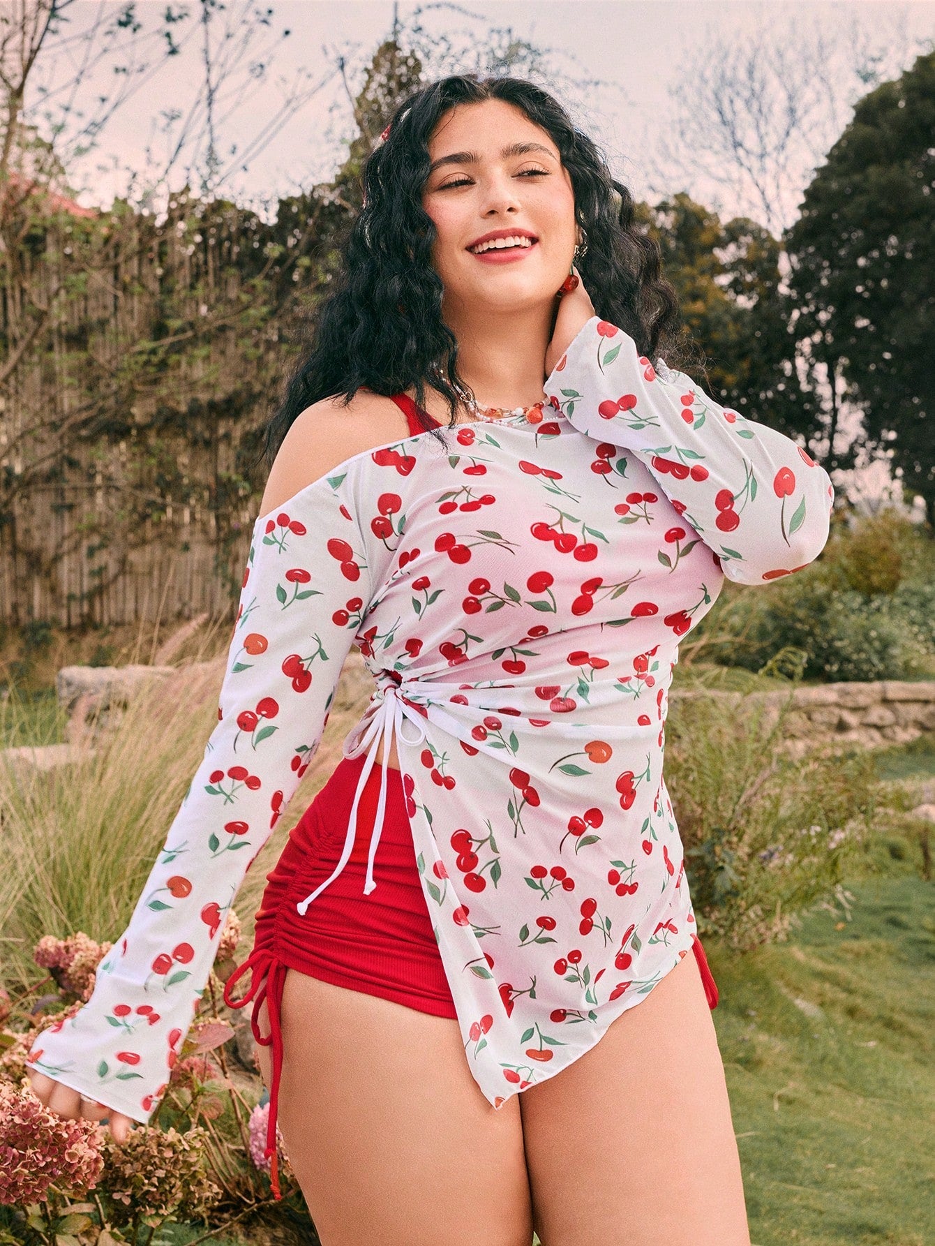 Swim Mod Plus Size Cherry Print Colorblock Bikini Swimsuit Set, Vacation Style For Girls For Summer