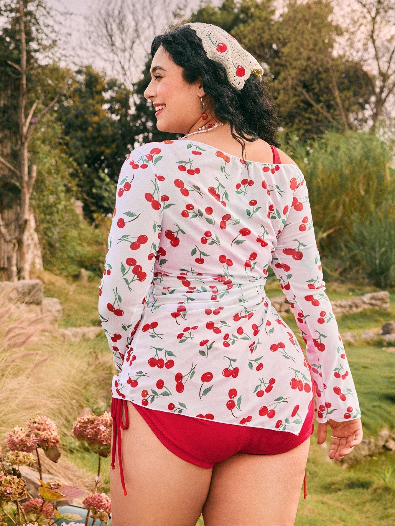 Swim Mod Plus Size Cherry Print Colorblock Bikini Swimsuit Set, Vacation Style For Girls For Summer