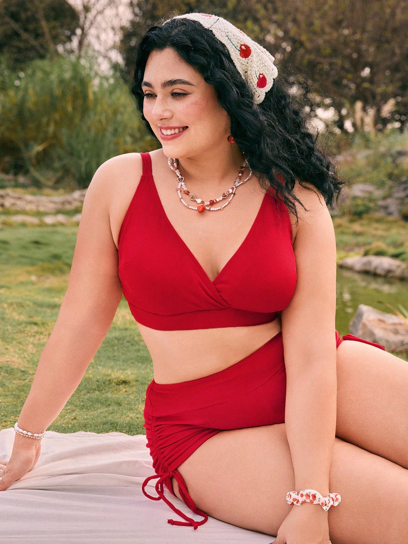 Swim Mod Plus Size Cherry Print Colorblock Bikini Swimsuit Set, Vacation Style For Girls For Summer