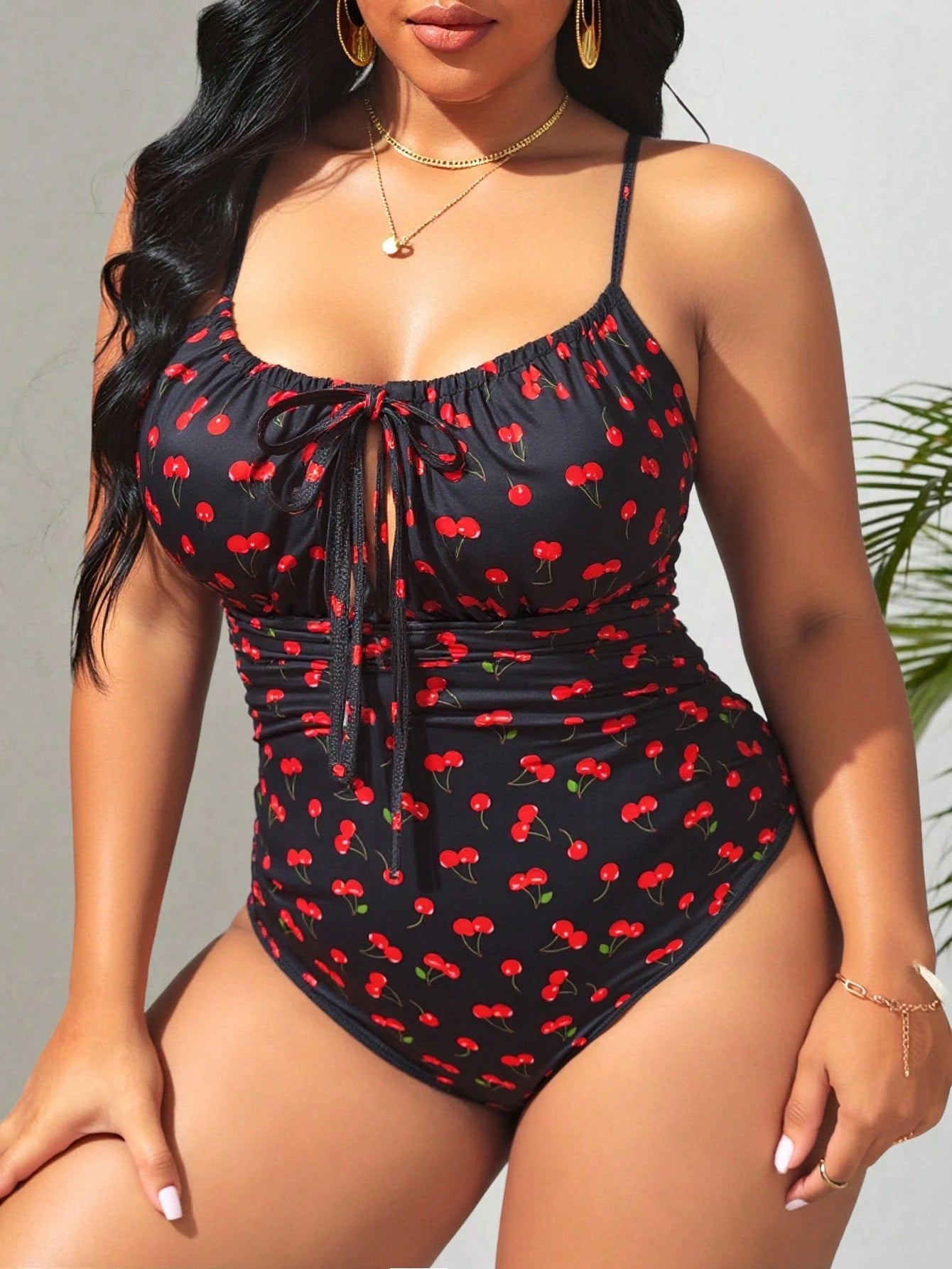 Swim Mod Plus Size Women's Cherry Print Front Tie Camisole One-Piece Swimsuit For Summer Beach Vacation