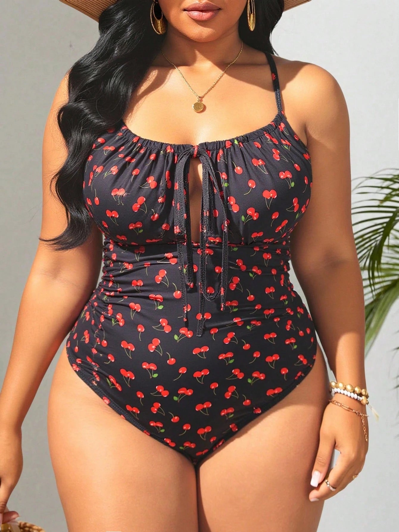 Swim Mod Plus Size Women's Cherry Print Front Tie Camisole One-Piece Swimsuit For Summer Beach Vacation