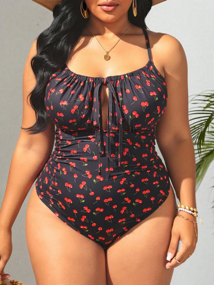 Swim Mod Plus Size Women's Cherry Print Front Tie Camisole One-Piece Swimsuit For Summer Beach Vacation