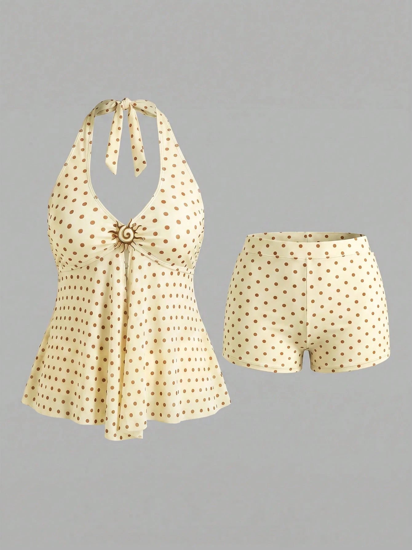 Swim Mod Plus Size Women's Polka Dot Metallic Decor Halter Tankini And Shorts Two-Piece Swimsuit Set