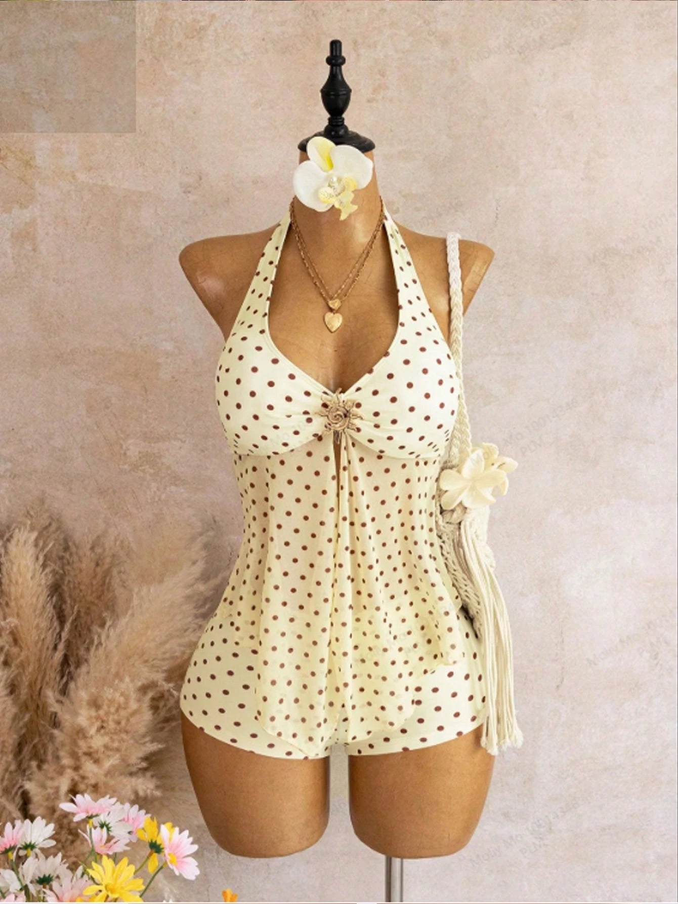 Swim Mod Plus Size Women's Polka Dot Metallic Decor Halter Tankini And Shorts Two-Piece Swimsuit Set