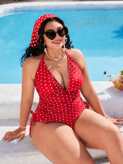Swim Mod Plus Size Women's Sweet Girl Style Black White Polka Dot Print Beach Vacation Tank Bikini Set Summer