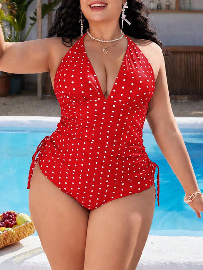 Swim Mod Plus Size Women's Sweet Girl Style Black White Polka Dot Print Beach Vacation Tank Bikini Set Summer