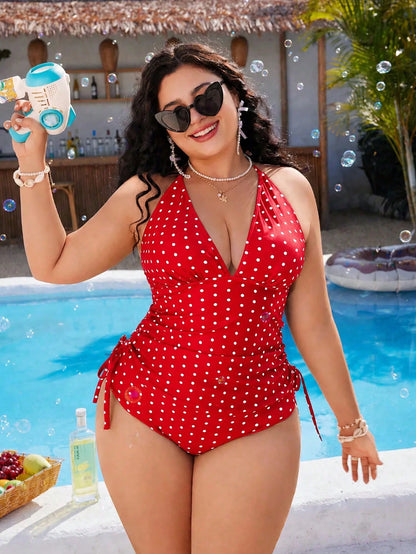Swim Mod Plus Size Women's Sweet Girl Style Black White Polka Dot Print Beach Vacation Tank Bikini Set Summer
