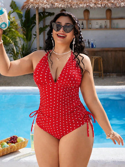 Swim Mod Plus Size Women's Sweet Girl Style Black White Polka Dot Print Beach Vacation Tank Bikini Set Summer