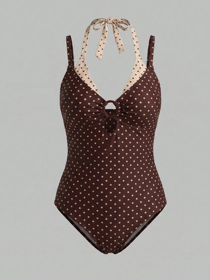 Swim Mod Plus Size Women's Sweet Style Summer Beach Vacation Polka Dot One-Piece Swimsuit With 2 In 1 Design