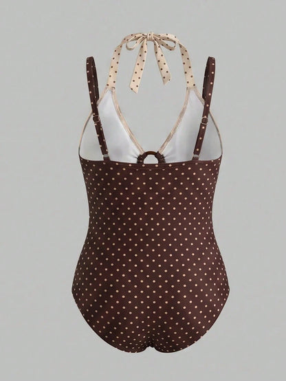 Swim Mod Plus Size Women's Sweet Style Summer Beach Vacation Polka Dot One-Piece Swimsuit With 2 In 1 Design