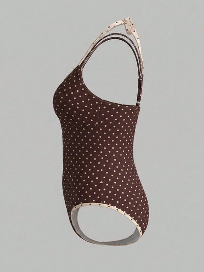 Swim Mod Plus Size Women's Sweet Style Summer Beach Vacation Polka Dot One-Piece Swimsuit With 2 In 1 Design