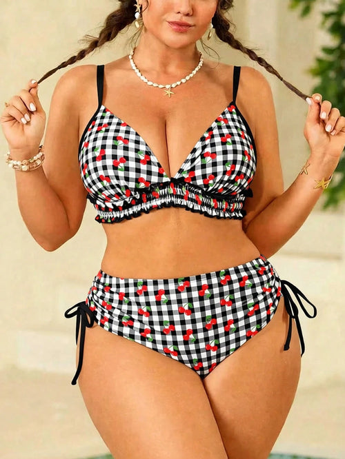 Swim Mod Plus Size Women's Swimwear, Sweet & Cute Beach Holiday Random Red Cherry Print Tie-Front Ruffle 2-Piece Set