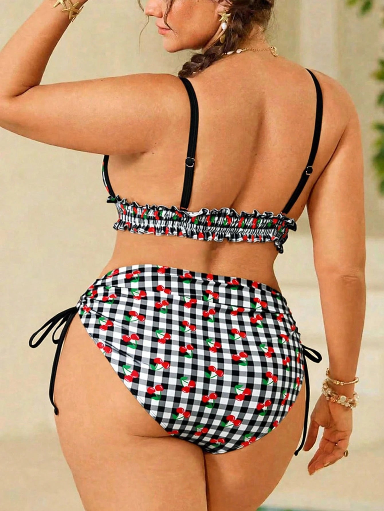 Swim Mod Plus Size Women's Swimwear, Sweet & Cute Beach Holiday Random Red Cherry Print Tie-Front Ruffle 2-Piece Set