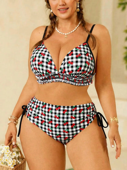Swim Mod Plus Size Women's Swimwear, Sweet & Cute Beach Holiday Random Red Cherry Print Tie-Front Ruffle 2-Piece Set