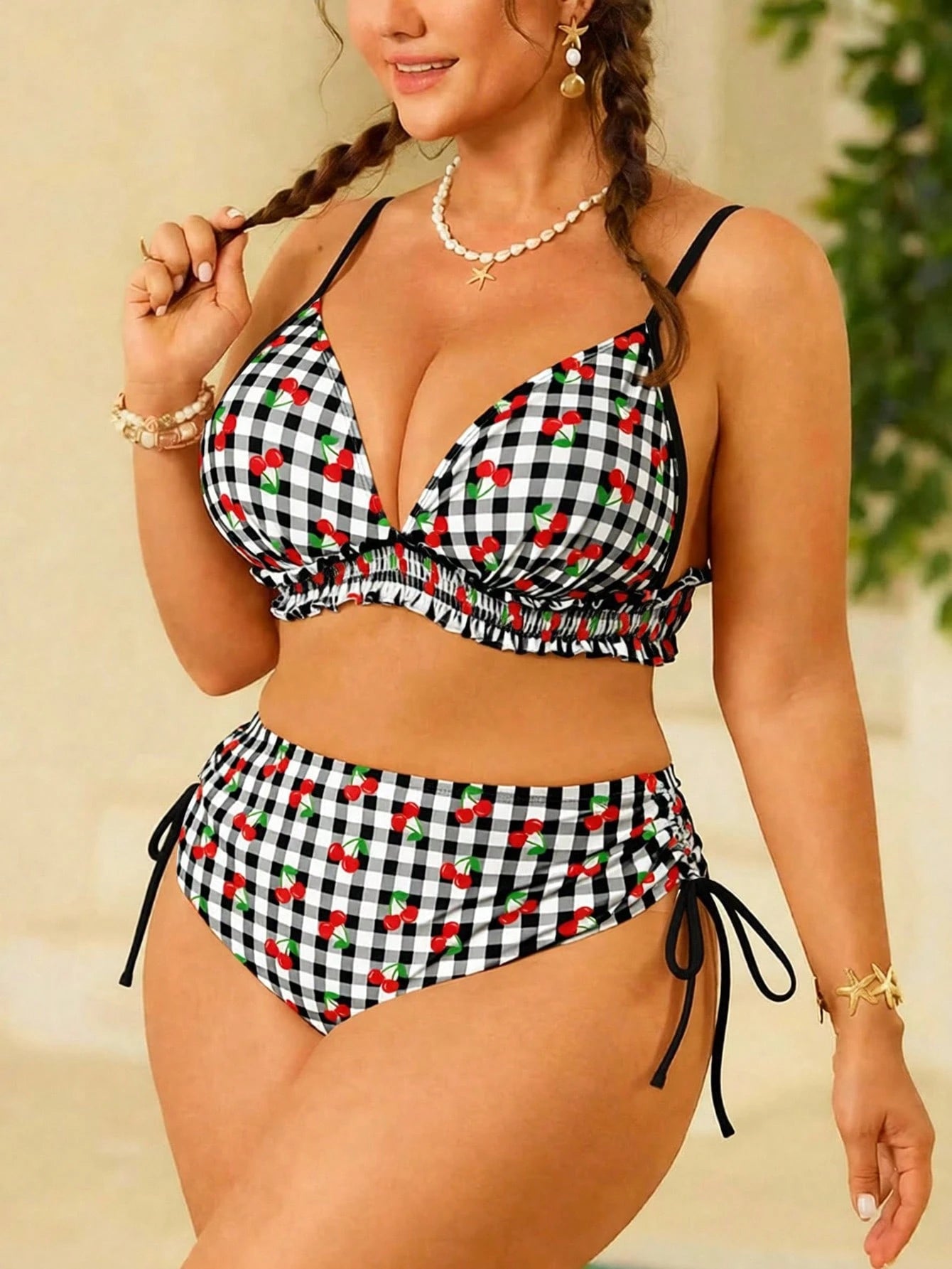 Swim Mod Plus Size Women's Swimwear, Sweet & Cute Beach Holiday Random Red Cherry Print Tie-Front Ruffle 2-Piece Set