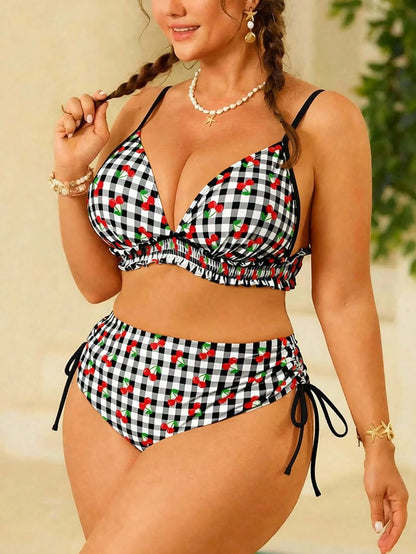 Swim Mod Plus Size Women's Swimwear, Sweet & Cute Beach Holiday Random Red Cherry Print Tie-Front Ruffle 2-Piece Set