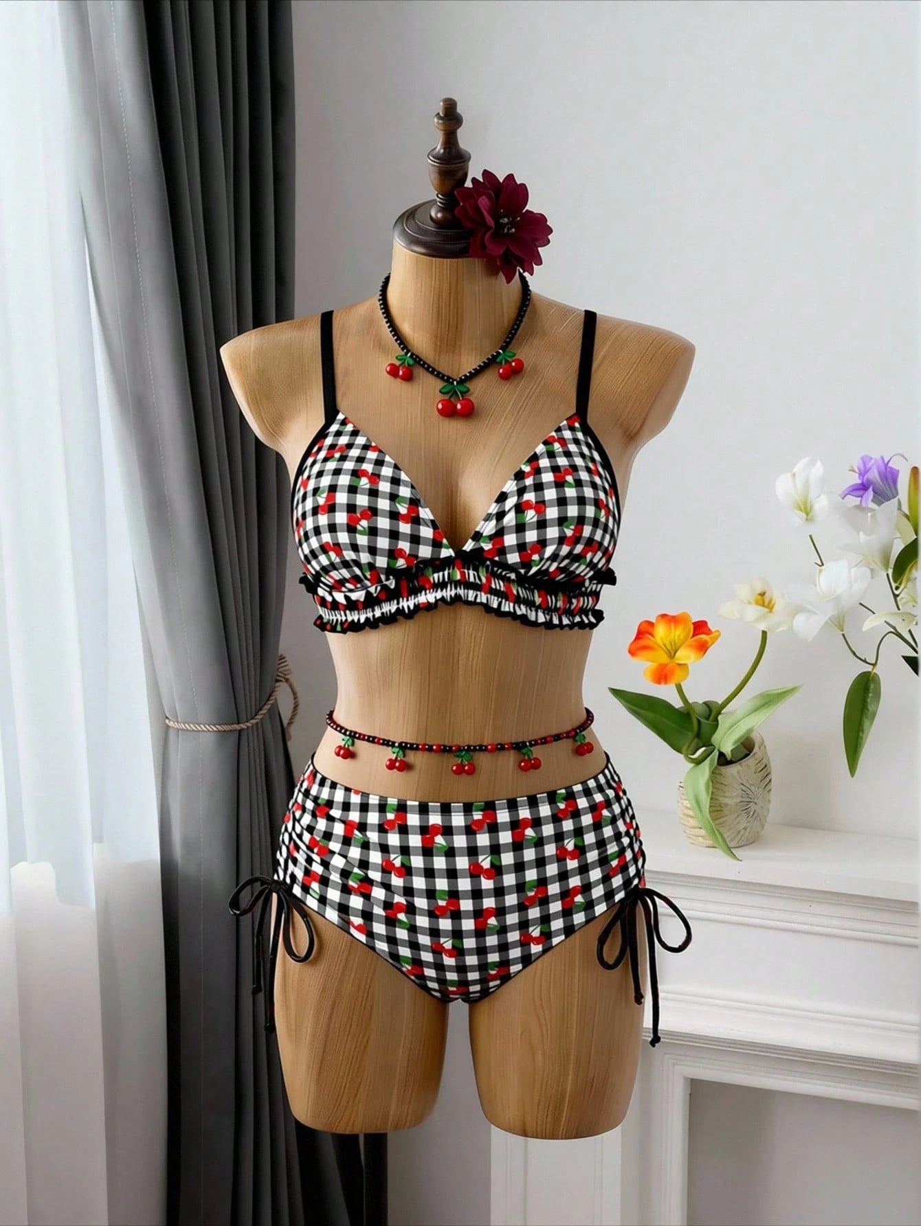 Swim Mod Plus Size Women's Swimwear, Sweet & Cute Beach Holiday Random Red Cherry Print Tie-Front Ruffle 2-Piece Set