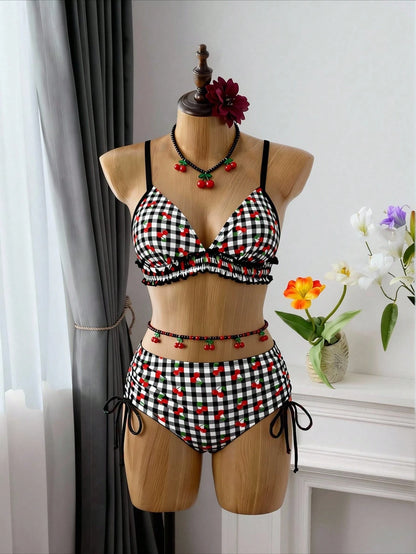 Swim Mod Plus Size Women's Swimwear, Sweet & Cute Beach Holiday Random Red Cherry Print Tie-Front Ruffle 2-Piece Set