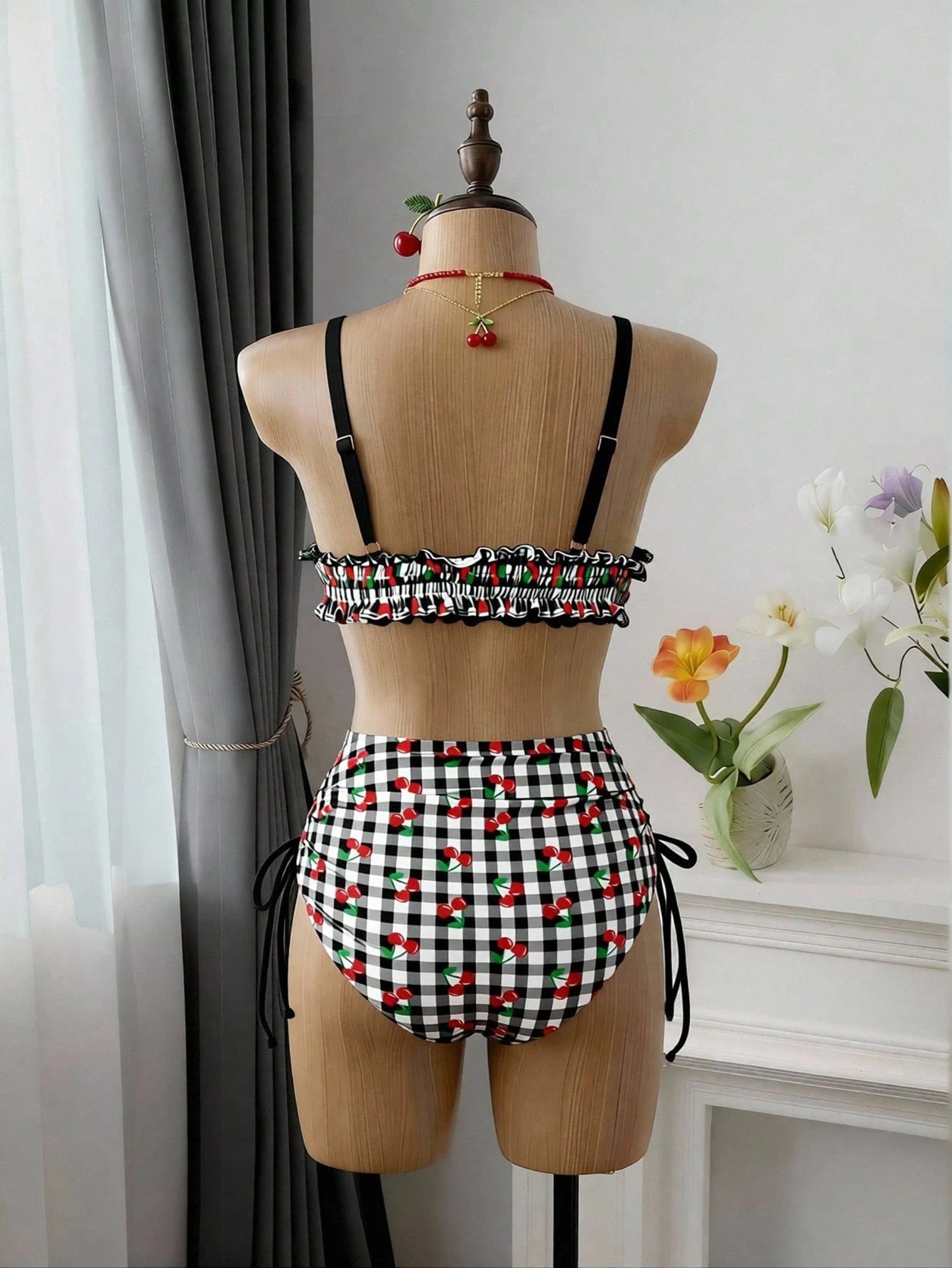 Swim Mod Plus Size Women's Swimwear, Sweet & Cute Beach Holiday Random Red Cherry Print Tie-Front Ruffle 2-Piece Set