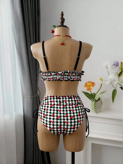 Swim Mod Plus Size Women's Swimwear, Sweet & Cute Beach Holiday Random Red Cherry Print Tie-Front Ruffle 2-Piece Set