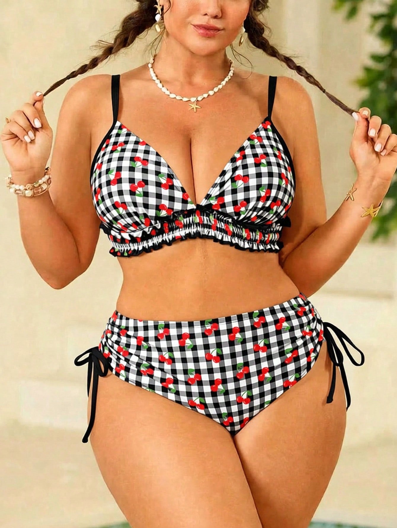 Swim Mod Plus Size Women's Swimwear, Sweet & Cute Beach Holiday Random Red Cherry Print Tie-Front Ruffle 2-Piece Set