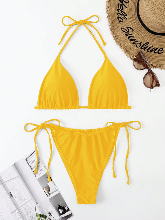 Swim Mod Summer Beach Plus Size Halter Triangle Tie Side Bikini Set