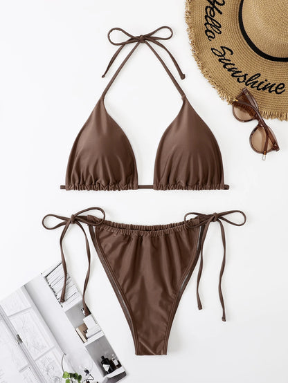 Swim Mod Summer Beach Plus Size Halter Triangle Tie Side Bikini Set
