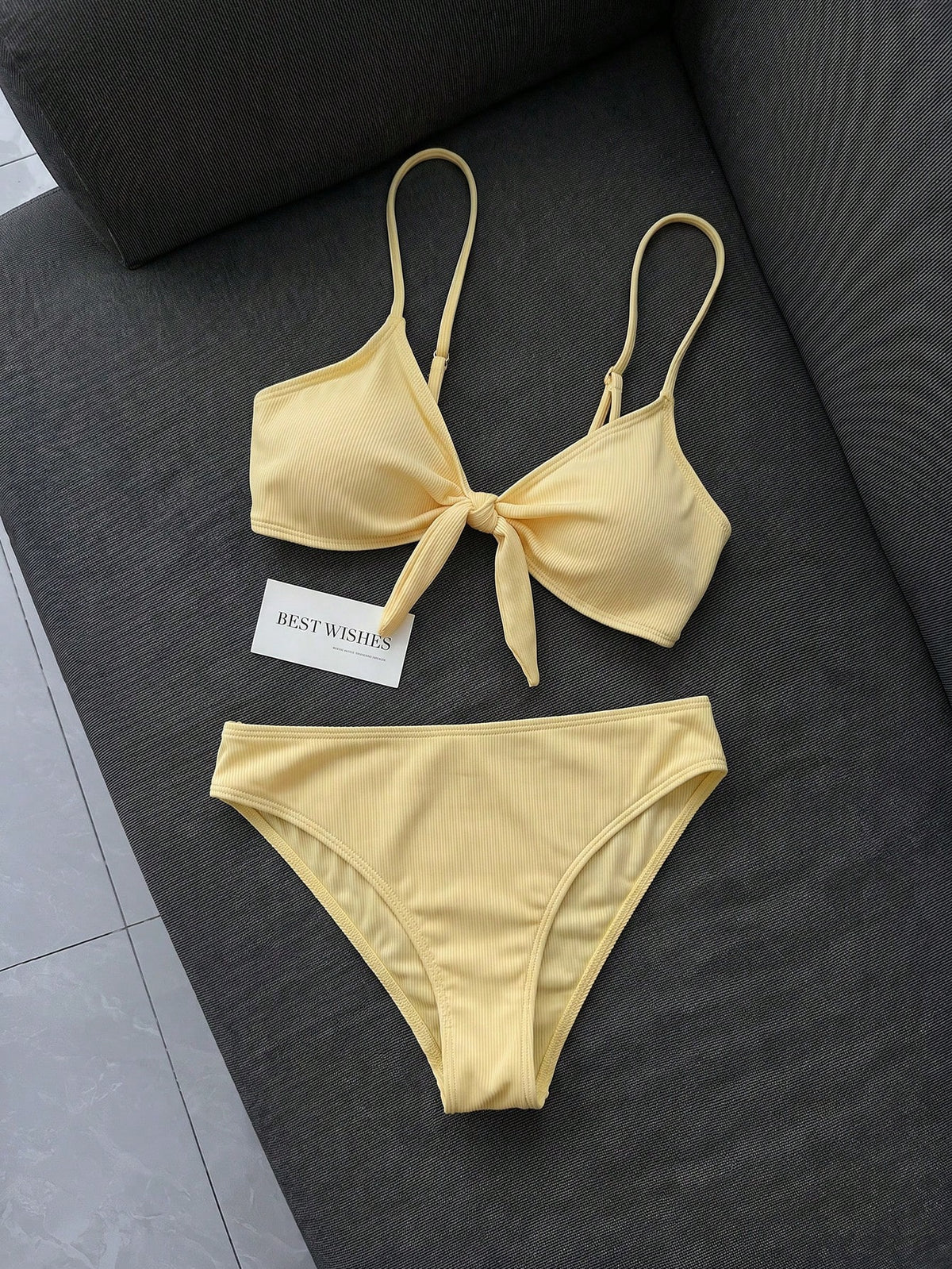 Swim Mod Women's 2-Piece Bikini Swimsuit Set, Double Shoulder Straps, Light Yellow Ribbed Fabric, Two Pieces Swimwear For Beach, Island, Pool Party, Casual Versatile