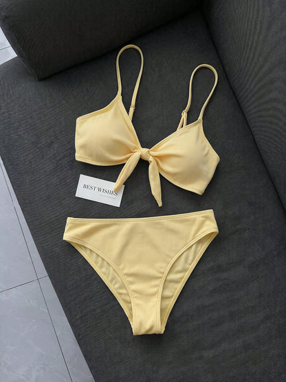 Swim Mod Women's 2-Piece Bikini Swimsuit Set, Double Shoulder Straps, Light Yellow Ribbed Fabric, Two Pieces Swimwear For Beach, Island, Pool Party, Casual Versatile